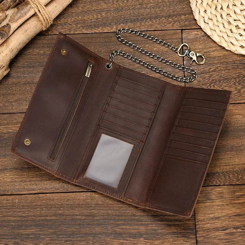 Brown leather clip wallet for men with multiple card slots and a chain for secure carrying
