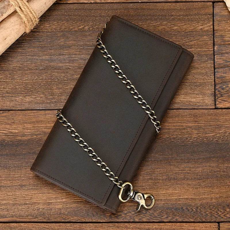 Brown leather clip wallet for men with chain attachment and sleek design for everyday use