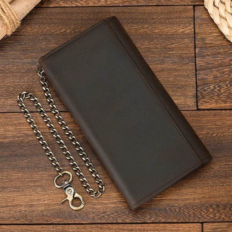 Brown leather clip wallet for men with a chain and clip for secure carrying