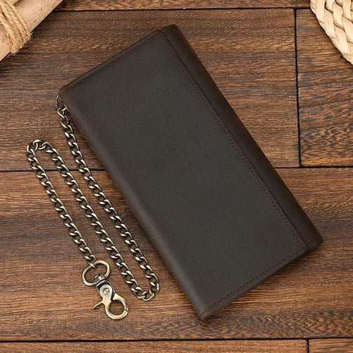 Brown leather clip wallet for men with a chain and clip for secure carrying