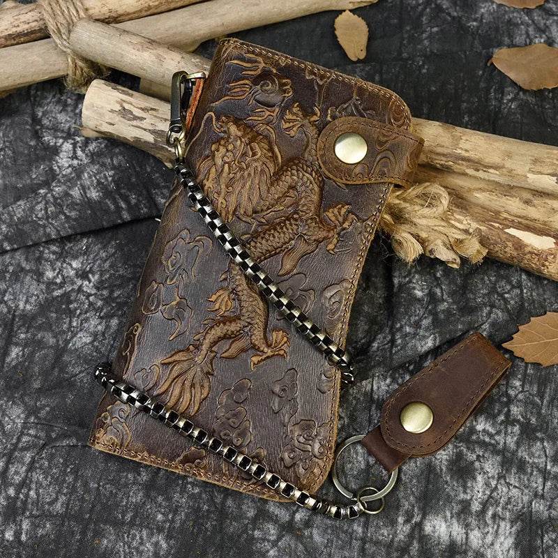 Handcrafted leather clip wallet for men with dragon embossed design and chain attachment