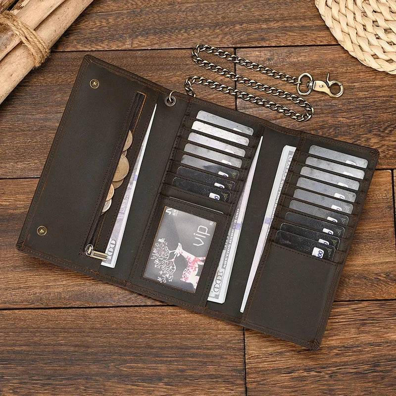 Brown leather clip wallet for men with multiple card slots and zipper compartment for cash