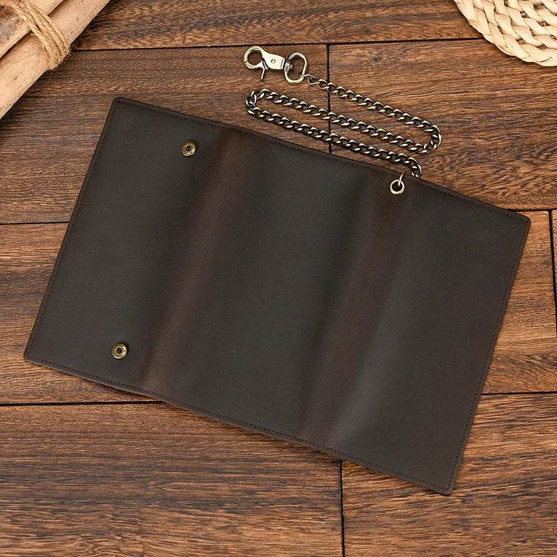 Brown leather clip wallet for men with a chain for secured carrying and a spacious interior