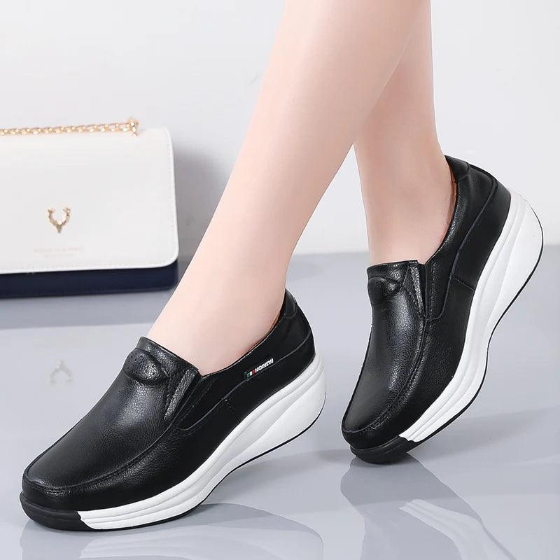 Women's Shoes - Flats Leather Comfort Wedge Moccasins Orthopedic Slip-On Shoes