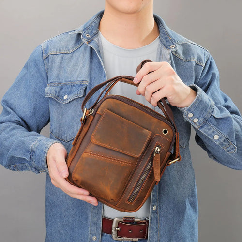 Men's brown leather crossbody mini bag for casual outings
