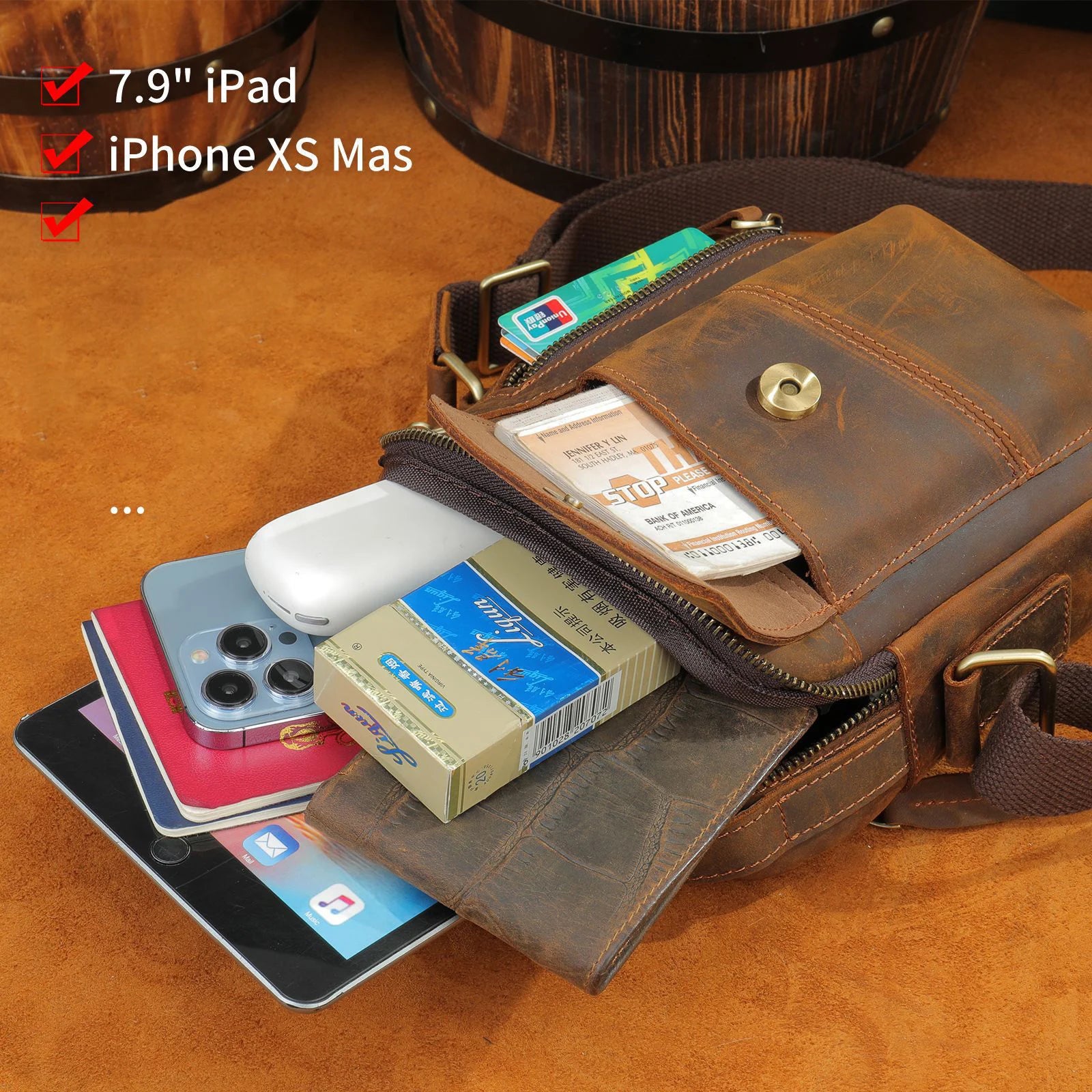 Leather crossbody mini bag in brown, perfect for essentials and travel