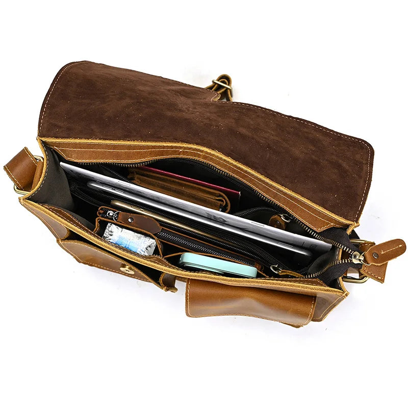 Leather crossbody mini bag, brown, spacious interior for daily use
