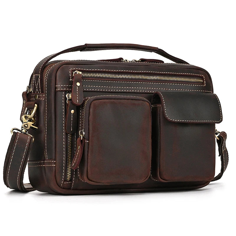 Brown leather crossbody mini bag with multiple pockets for travel