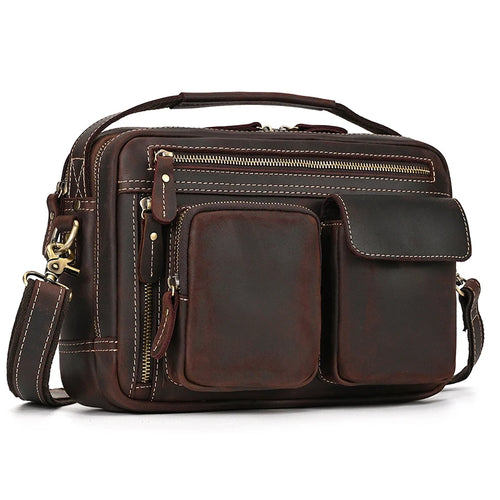 Brown leather crossbody mini bag with multiple pockets for travel