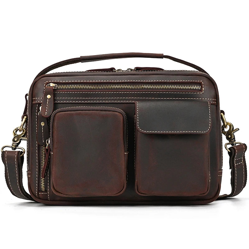 Brown leather crossbody mini bag with multiple pockets for daily use