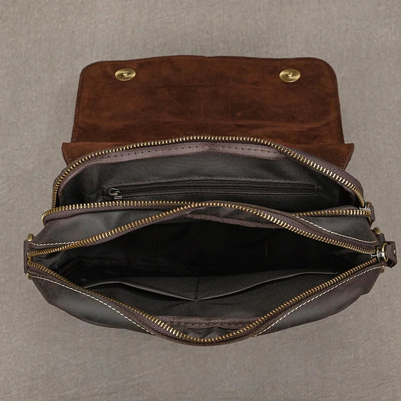 Brown leather crossbody mini bag with multiple pockets for organization