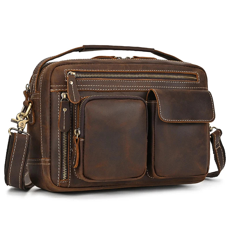 Brown leather crossbody mini bag with multiple pockets for easy organization
