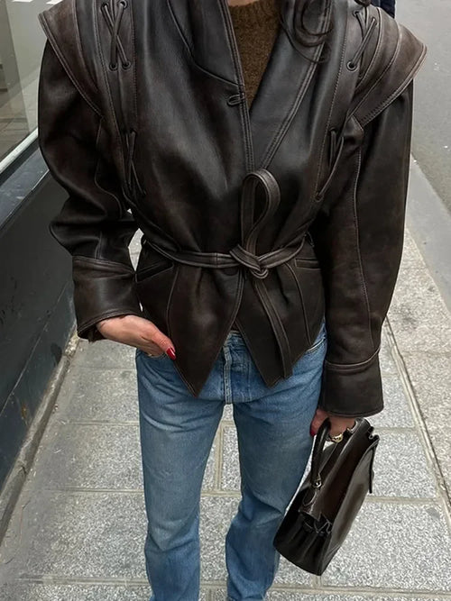 Women's brown leather faux jacket, stylish streetwear for any season