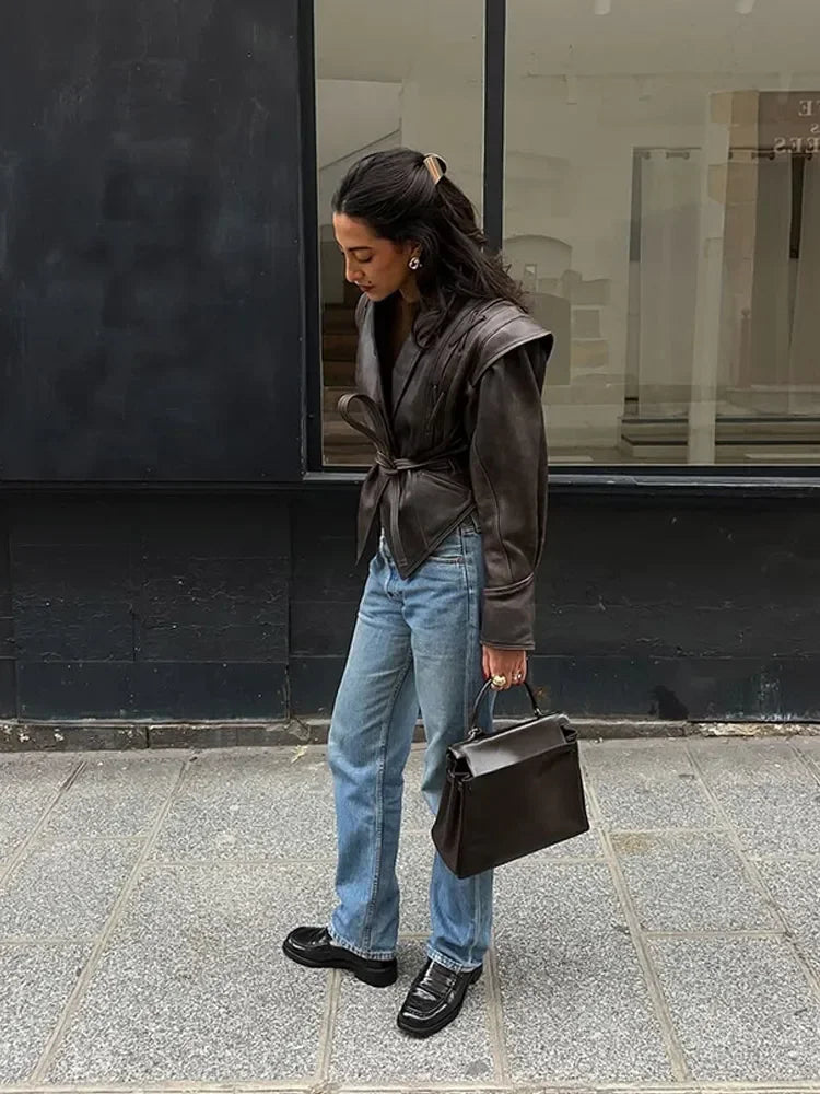 Women's leather faux jacket in brown, stylish for casual outings