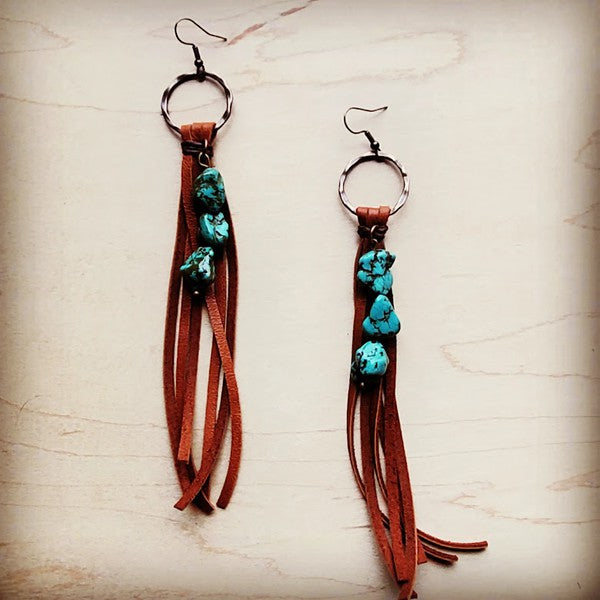 Leather fringe turquoise earrings with natural stones and stylish dangling design