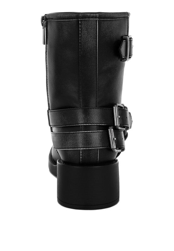 Rag Company Women's Leather Harness Boots for Travel with Buckle Details and Chunky Heel