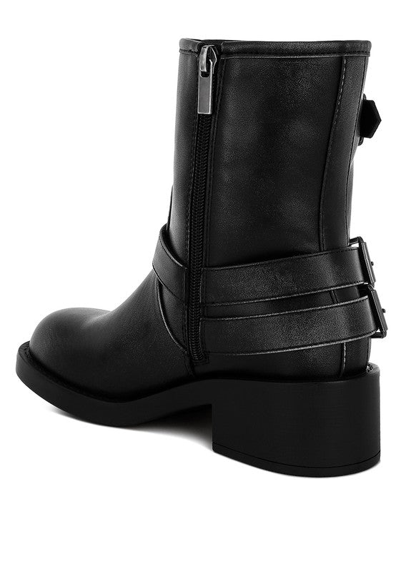 Rag Company black leather harness boots for travel with a side zipper and stylish straps