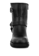 Rag Company black leather harness boots for travel with a stylish buckle design and sturdy sole