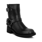 Rag Company leather harness boots for travel with side buckle detail and sturdy block heel