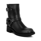 Rag Company leather harness boots for travel with side buckle detail and sturdy block heel
