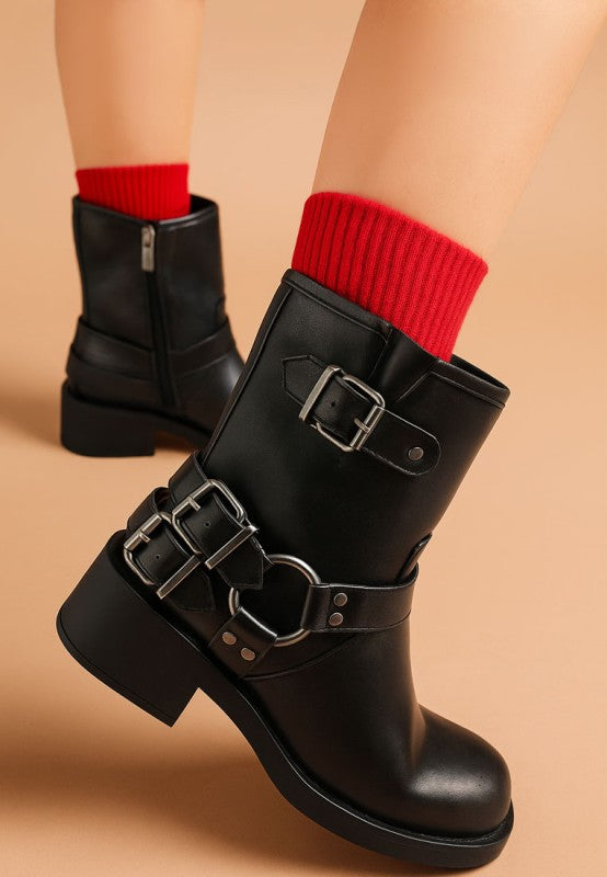 Rag Company women's leather harness boots for travel with chunky heels and stylish buckles