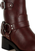 Rag Company Women's Leather Harness Boots for Travel in Burgundy with Stylish Buckle Accents