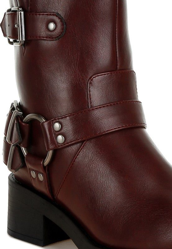 Rag Company Women's Leather Harness Boots for Travel in Burgundy with Stylish Buckle Accents