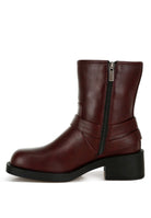 Rag Company women's leather harness boots for travel in burgundy with a stylish side zipper