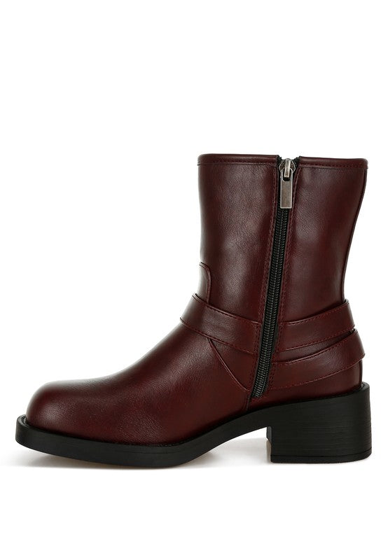 Rag Company women's leather harness boots for travel in burgundy with a stylish side zipper