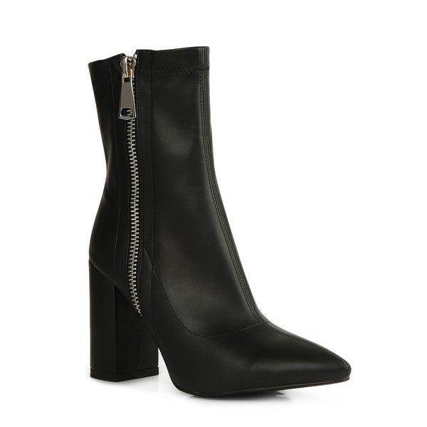 Rag Company leather high heel boots with a stylish pointed toe and side zipper for easy wear
