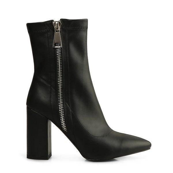 Rag Company black leather high heel boots with a stylish zip closure and block heel