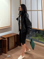 Black leather jacket biker, stylish outerwear for casual outfits