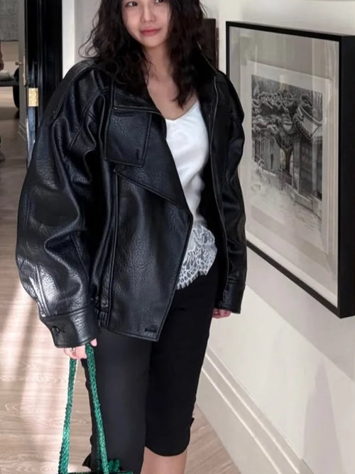 Black leather jacket biker for stylish women, perfect for casual outings