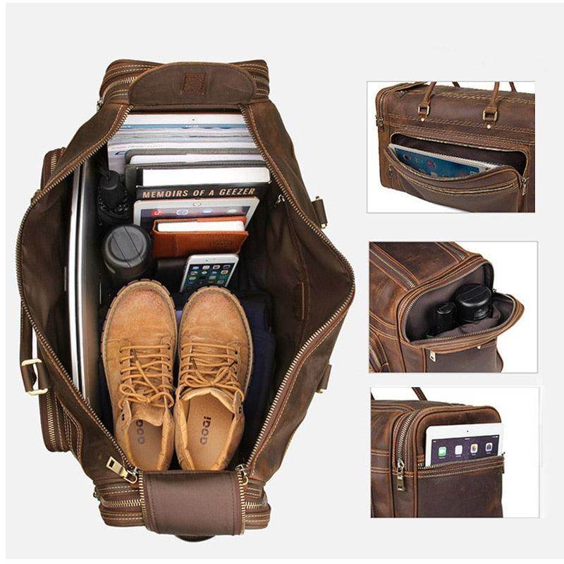 Leather luggage tote bag filled with shoes, books, and electronic devices for travel convenience