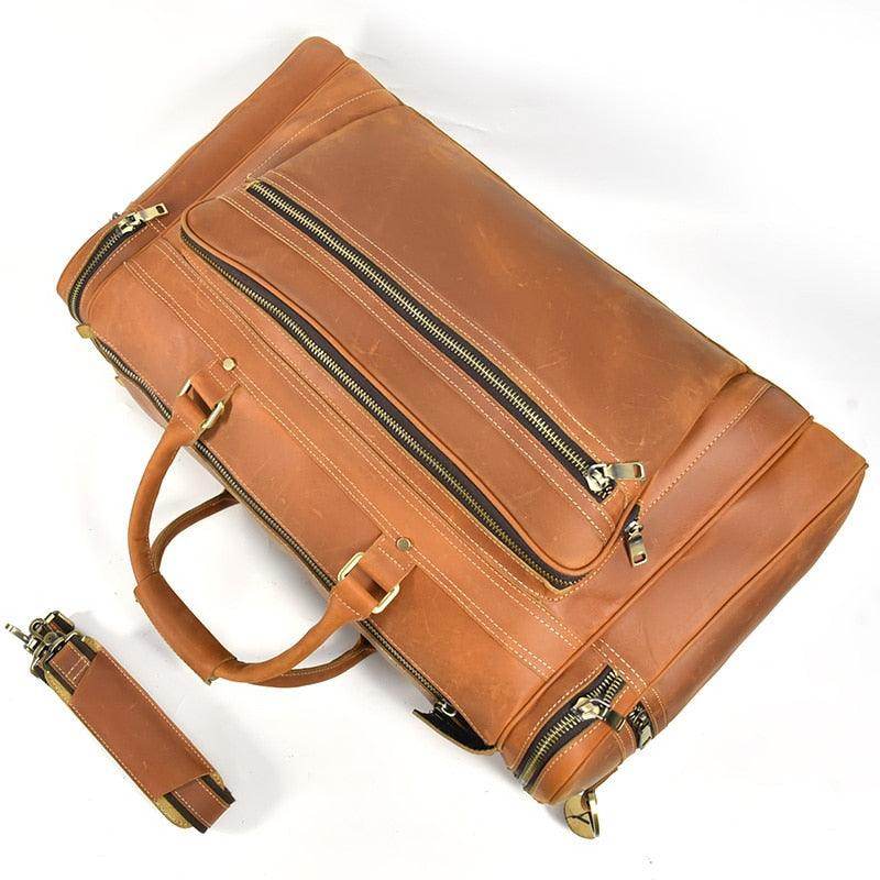 VacationGrabs leather luggage tote bag with dual zippers and sturdy handles for travel convenience