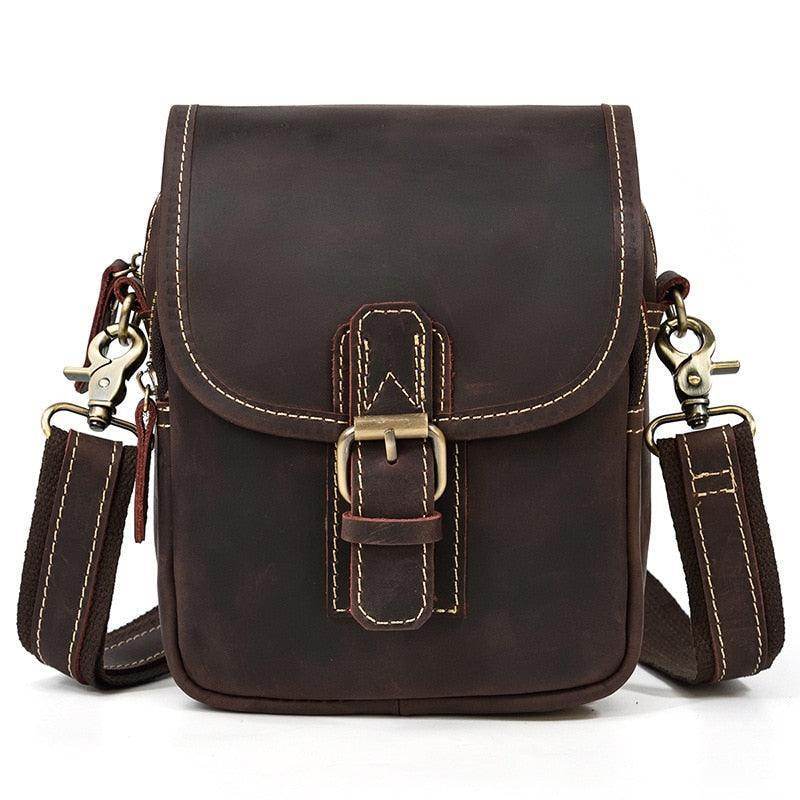 Brown leather messenger bag with adjustable strap and metal buckle for stylish and functional use