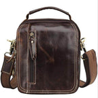 Brown leather messenger bag with front zipper pocket and adjustable strap for convenient travel