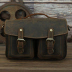 Brown leather messenger bag for photography with dual front pockets and adjustable strap
