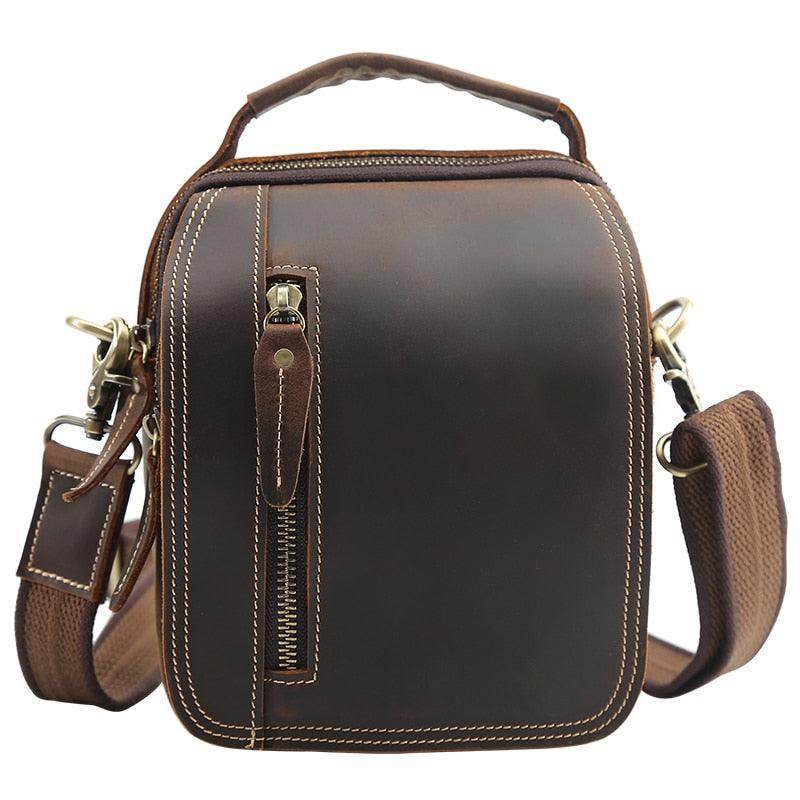 VacationGrabs leather messenger bag in brown with a classic design and adjustable shoulder strap