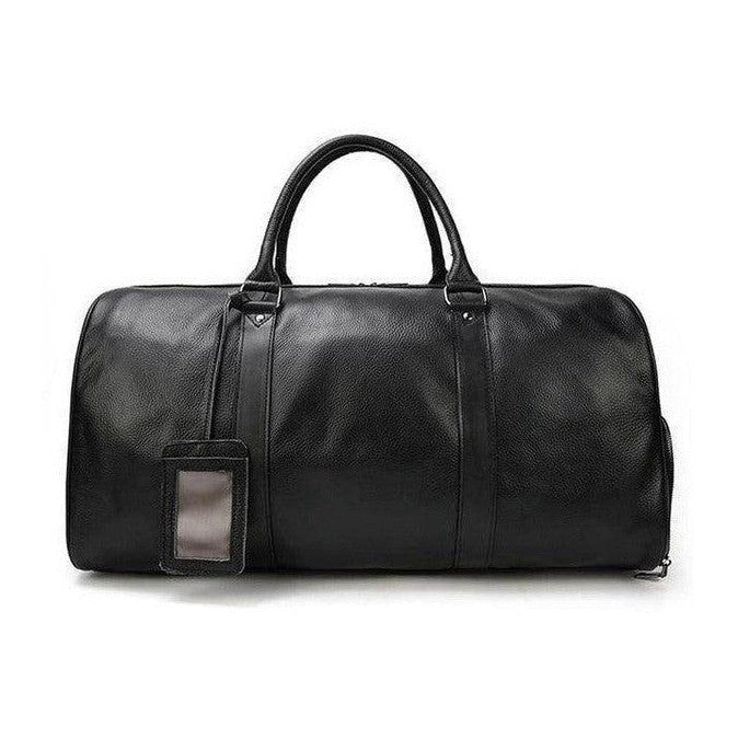 Stylish black leather overnight duffel bag with sturdy handles for travel and weekend getaways