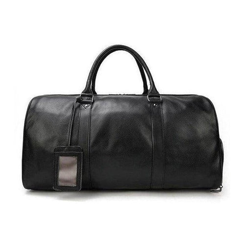 Stylish black leather overnight duffel bag with sturdy handles for travel and weekend getaways