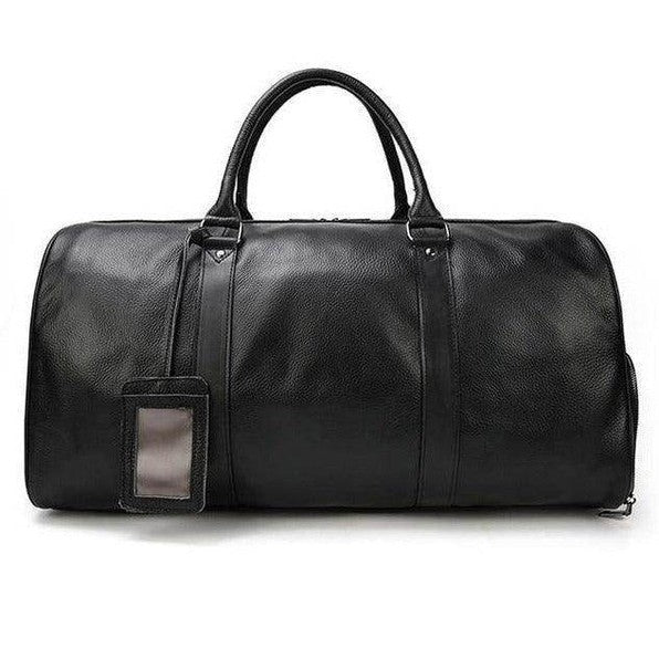 Stylish black leather overnight duffel bag with sturdy handles for travel and weekend getaways
