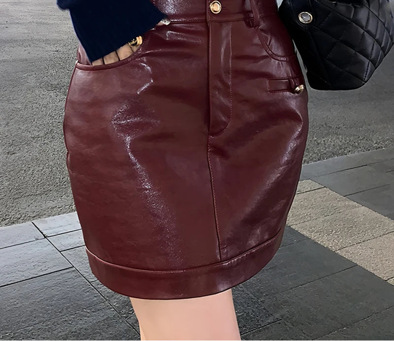 Women's burgundy leather skirt mini for stylish outings