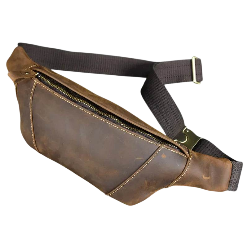 Brown leather waist bag with black strap on a white background