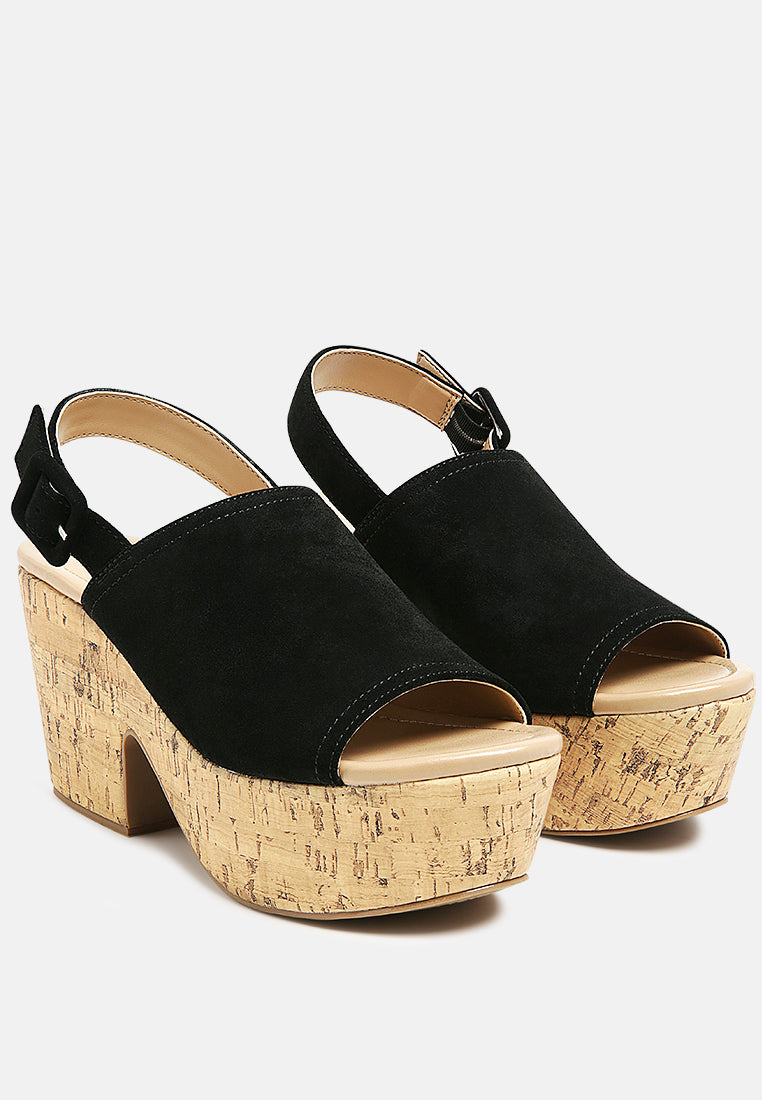 London Rag International leather slingback platform sandals in black with cork wedges for stylish comfort
