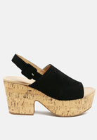 Women's London Rag International leather slingback platform sandals in black with cork wedge heel