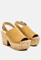 London Rag International Leather Slingback Platform Sandals in Mustard Yellow with Cork Wedge Sole