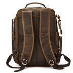 Leather style travel backpack with padded straps and multiple compartments for convenience and comfort