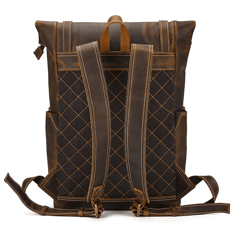 Leather style travel backpack with quilted design and adjustable straps for comfortable carrying