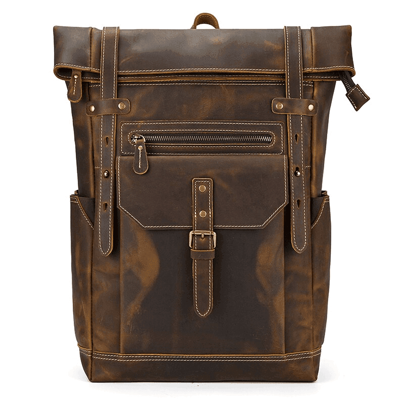 Leather style travel backpack from VacationGrabs with multiple pockets and durable design